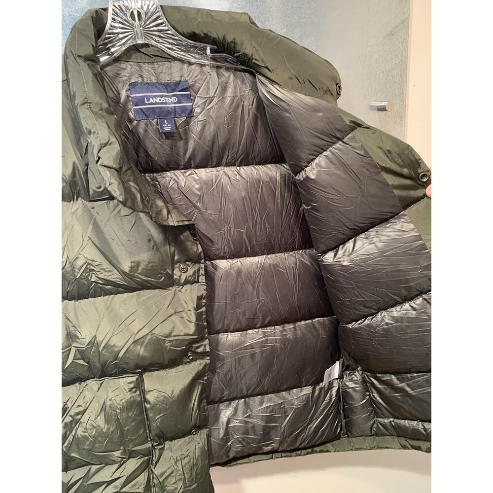 Down Puffer Vest Lands' End 80% Goose Satin Olive Large 42-44 Snap-Up Mock Neck